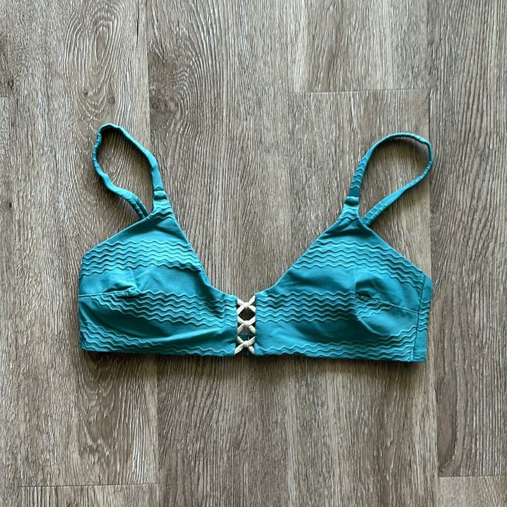 aerie Teal Wave-Textured Bikini Top with Shell Accent